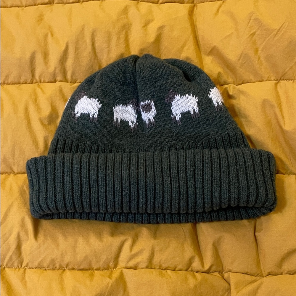 Women’s Olive Green Sheep Pattern Beanie - 100 percent pure new wool